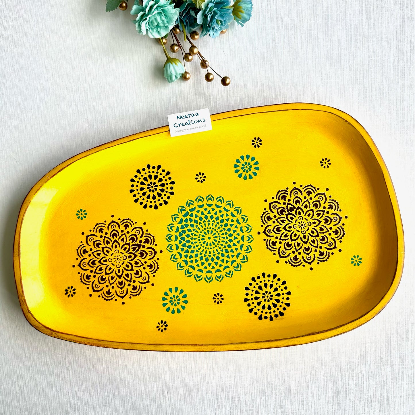 Wooden tray with Mandala patterns