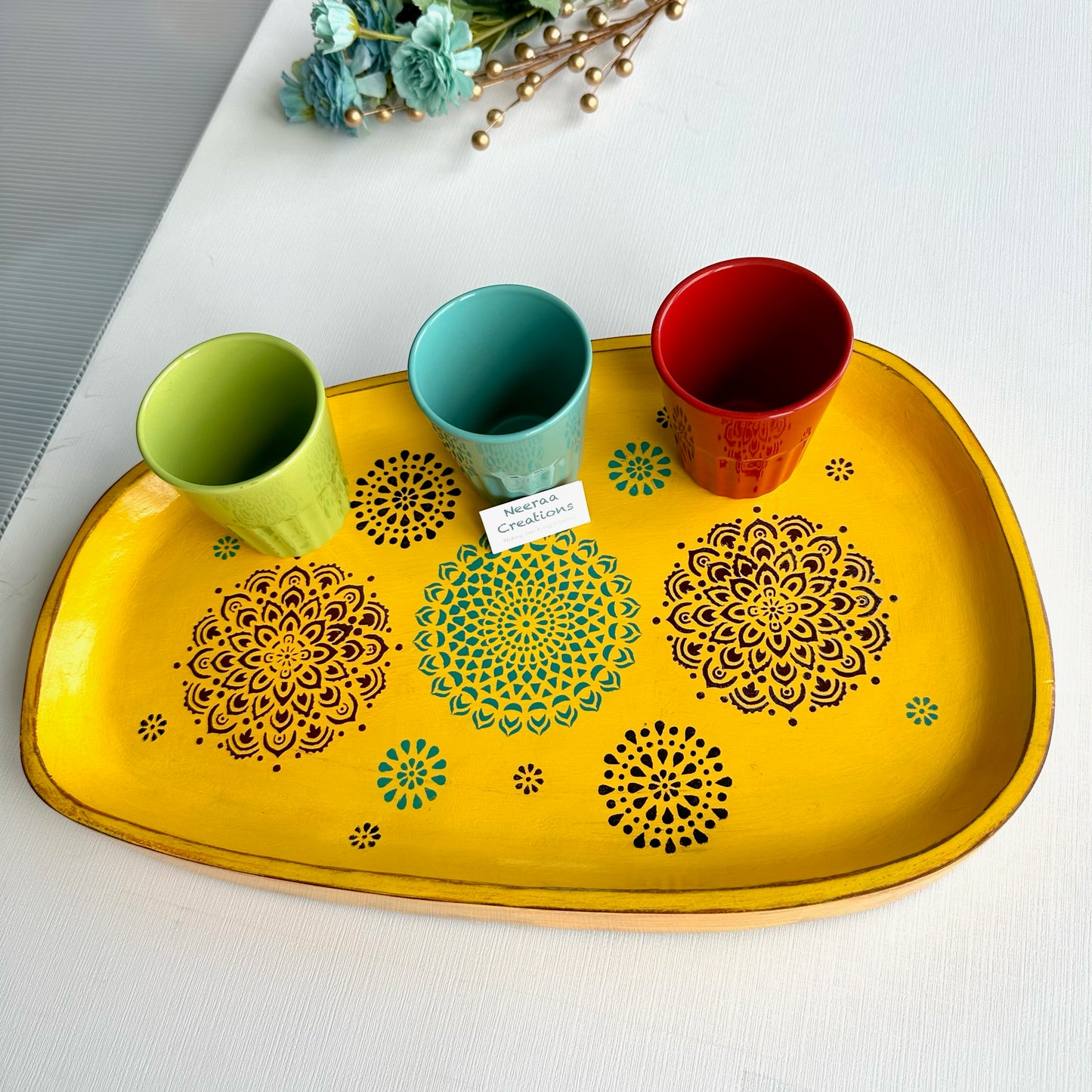 Wooden tray with Mandala patterns